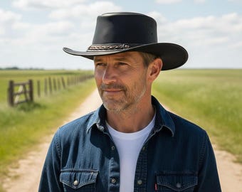 Svart lädercowboyhatt för män och kvinnor | Handgjord western rancherhatt | Vintage läderhatt med bred brätte