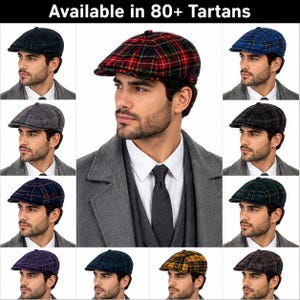 May include: A collection of flat caps featuring various plaid and tartan patterns in colours including red, blue, green, grey, purple, and yellow. The text Available in 80+ Tartans is displayed at the top of the grid of twelve different hat styles.
