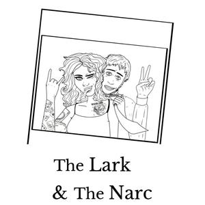Puede incluir: Ilustración en blanco y negro de dos personas. Una persona saca la lengua y hace un gesto con la mano. La otra persona hace un signo de la paz. El texto "The Lark & The Narc" está debajo de la ilustración.