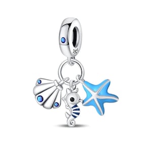 Sea horse charm, Genuine Sterling Silver, Fits Pandora bracelets, S925, Necklaces, Fits other bracelets, Cute sea horse, shell & star, blue