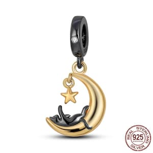 Charm Pandora-fit, Cat, moon & dangling star, Sterling Silver S925, Gold and black, Gift for her, Cat gift, Fits Troll, Necklace pendant