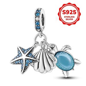 Turtle Pandora-fit charm, Dangle charm w cute turtle, shell & sea star, Sterling Silver S925, Fits bracelets/necklaces, Blue, Jewelery