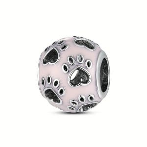 Pandora-fit charm w paw prints, Sterling silver S925, Spacer Bead, Fits other bracelets & necklaces, Pink, Gift for her, Dog lover gift