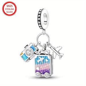 Charm die past bij Pandora, Kleurrijke koffer met vliegtuig, Reischarme, Hanger van sterlingzilver (925), Reiscadeau, Sieraden voor haar, Verjaardag