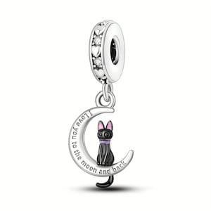 Pandora-fit, I love you to the moon and back, Cat sitting on moon dangling charm, Sterling Silver S925, Gift for her, Cat gift, Fits Troll