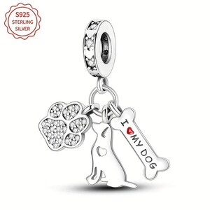 Charm Pandora-fit, Dangling doggy, sparkly paw & bone w 'I love my Dog', Sterling Silver S925, Dog lover gift, Pet birthday, Gift for her