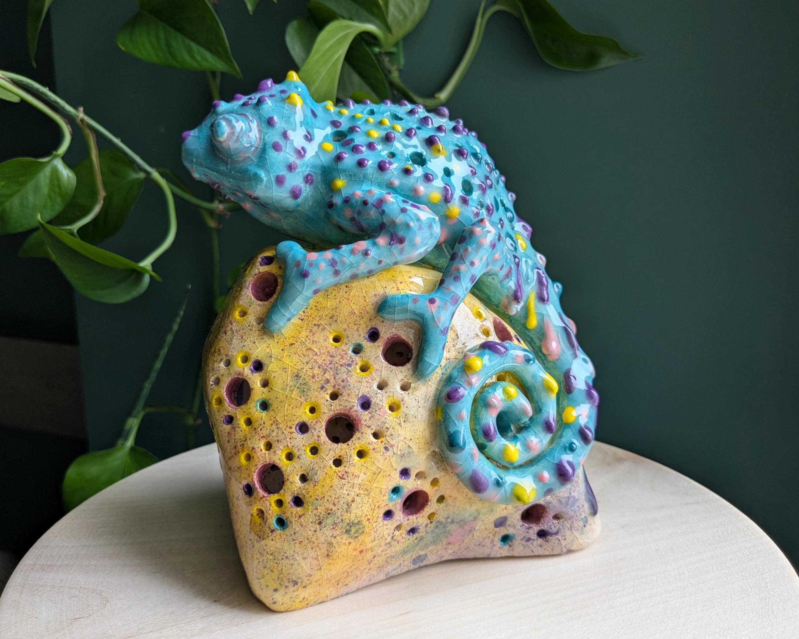 Handmade Ceramic Chameleon Sculpture, Collectible Stoneware Figurine, Whimsical Animal Statue, Artisan Ceramic Art