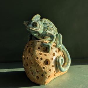 Chameleon Tea Light Holder - Ceramic Reptile Lantern and Nature Lover Gift
