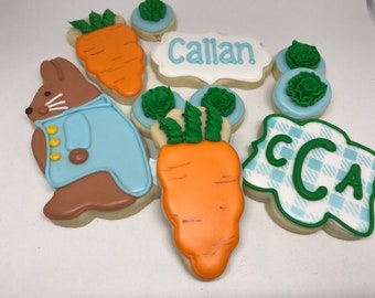 Sugar cookies, baby cookies, baby shower cookies, Peter Rabbit cookies, boy cookies, carrot cookies, cookie favors, decorated cookies