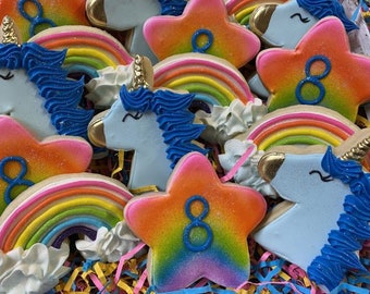 Sugar cookies, Unicorn Cookies, birthday, rainbow cookies, birthday gift, unicorn, rainbows, gift, birthday favors, decorated sugar cookies