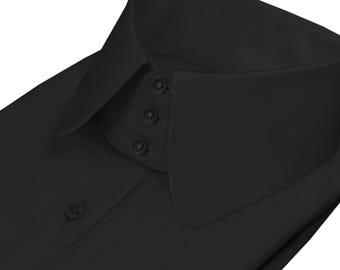 Men&#39;s Club Wear Retro Dress Shirt Jet Black High Penny Round Collar 3 Buttons Tall Neck Peaky Blinders Style Theatre Performance Outfit