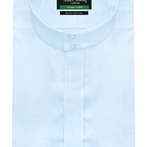 Men&#39;s Hidden Placket High Band Collar Shirt Sky Blue China Mandarin Korean Grandad Collar 2 Buttons Tall Neck 1900 Fashion Vintage Shirt