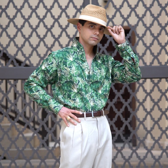 Men's Hawaiian Style Vacation Resort Casual Shirt Green Leaves Jungle Palm Printed High Open One Piece Collar Tall Neck Partywear Dress