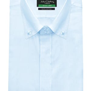 Camisa de vestir de algodón de cuello alto para hombre, color azul cielo, con botones altos, cuello británico, tapeta oculta, corte moderno, camisa formal de negocios y fiesta.