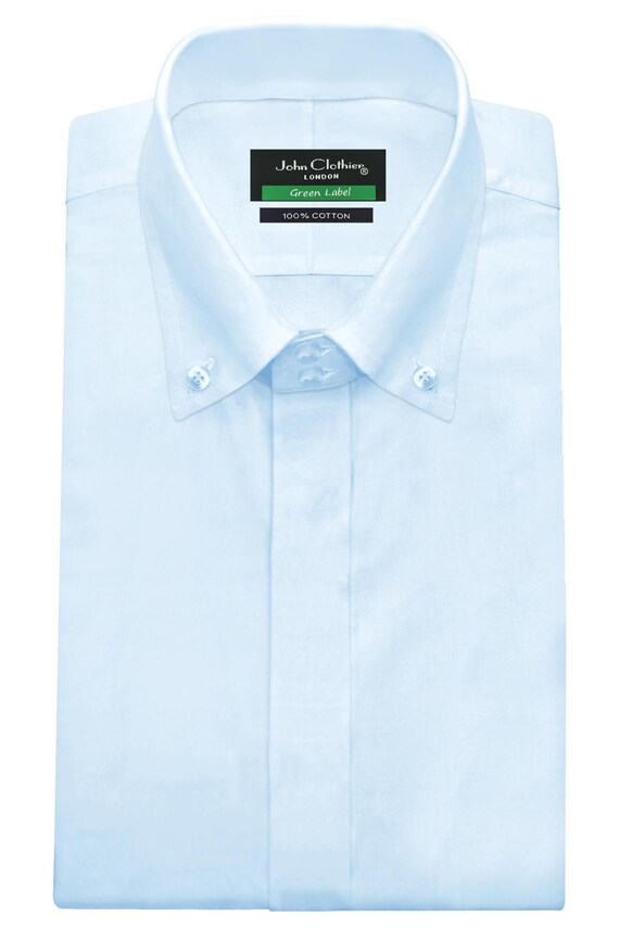 Men's Tall Neck Cotton Dress Shirt Sky Blue High Button Down Polo British Collar Hidden Placket Modern Fit Formal Business Partywear Shirt
