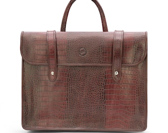 Unisex Vintage Style Handmade Music Bag Luxury Croco Print Brown Genuine Leather Handbag Professional Office Organizer Satchel Gift for Him