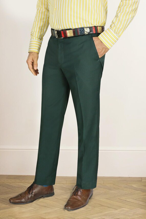 Handmade Forest Green Dress Pants, Tailored Fit Poly-Wool Trousers