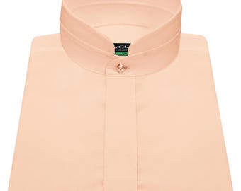 Men's Peach Orange 100% Cotton Shirt High Nehru Chinese Mandarin Korean Collar Hidden Placket Preppy Style Formal Business Dress