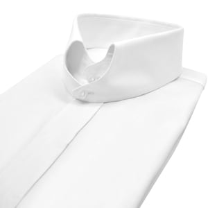 May include: A crisp, white dress shirt with a distinctive, rounded collar. The collar is buttoned at the front, and the shirt is neatly folded. The fabric appears to be a smooth, high-quality cotton, suitable for formal occasions.