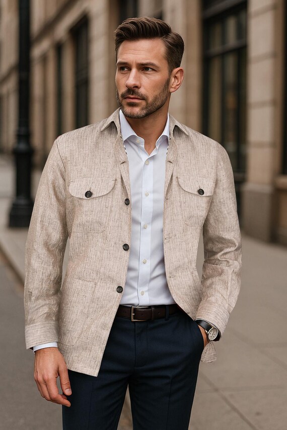 Jaqueta Shacket de linho bege estilo retrô masculina, camisa