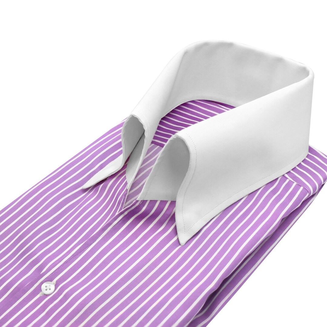 Buttonless Cuff Men's 100% Cotton Shirt Lilac White Stripes High Open Button Down ...