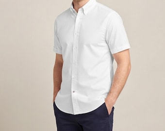 Japanese Style Men's White Button Down Shirt Short Sleeve Smart Casual Summer Evening Chemise Lightweight Minimalist Vacation Travel Wear