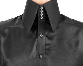 Camicia da uomo di lusso in raso nero lucido, collo alto a punta, 4 bottoni, stile anni '70, look gangster retrò, abbigliamento da sera, taglia 16.5