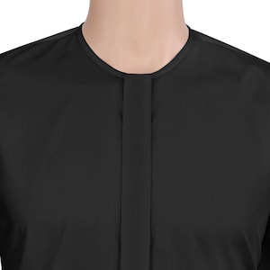 Men&#39;s Round Neck Collarless Shirt Black 100% Cotton Hidden Placket Mandarin Grandad Relaxed Style Comfortable Tunic Dress Shirt