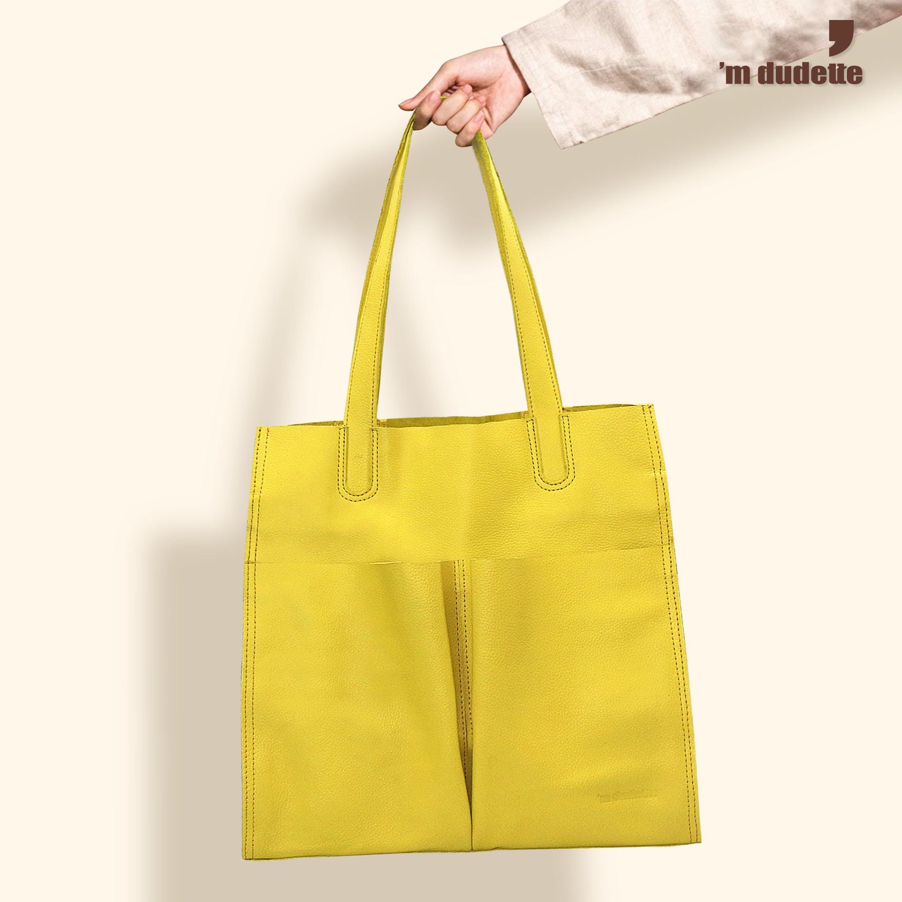 Women's Office Travel Tote Bag Lime Yellow Genuine Leather Handmade Minimalist Shoulder Bag Shopping Daily Carryall Handbag Gift for Her
