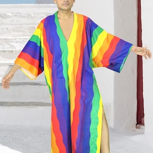 Men&#39;s Poncho Dress LGBTQ Pride Rainbow Striped Caftan Robe Lightweight rainbow Flag Costume Pride dress Muslin Sexy Male Tunic