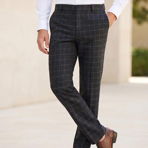 Men's Black Windowpane Check Trousers, Grid Pattern Dress Pants, Modern Gentleman Suit Trousers, Formal Business Event Work Pants
