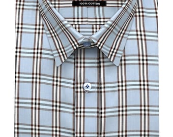 Men's Blue Plaid 100% Cotton Shirt Classic Kent Collar Checkered Pattern Smart Casual Office Wear Ready Size 15.5