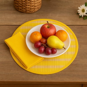 Ensemble de 6 sets de table ronds et serviettes de table, bambou naturel jaune, bambou tissé main, napperon respectueux de l&#39;environnement, décoration de table rustique durable