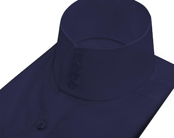 Men's High Band Collar Shirt Navy Blue Pure Cotton 4 Button Stiff Neck Vintage Mandarin Grandad Style Red Carpet Outfit