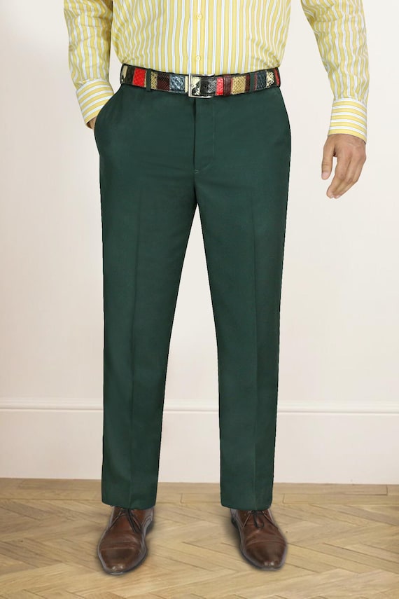 Handmade Forest Green Dress Pants, Tailored Fit Poly-Wool Trousers Handmade Forest Green Dress Pants, Tailored Fit Poly-Wool Trousers