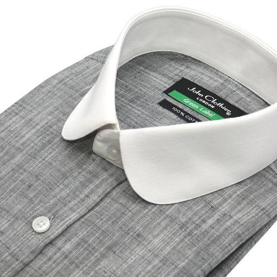 Men's Grey Linen Formal Banker Shirt 1930s 1950s Edwardian Style Penny Round Club Collar Men's Grey Linen Formal Banker Shirt 1930s 1950s Edwardian Style Penny Round Club Collar