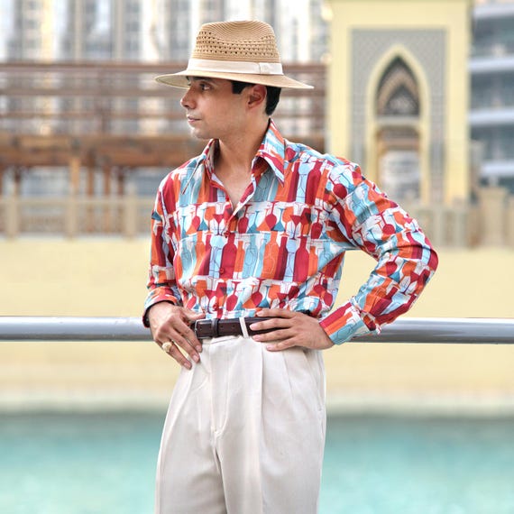 Men's 70s Style Modern Cocktail Party Shirt High Long Pointed Collar 2  Buttons Wine Bottles & Glasses Print Casual Artistic Shirt - Etsy
