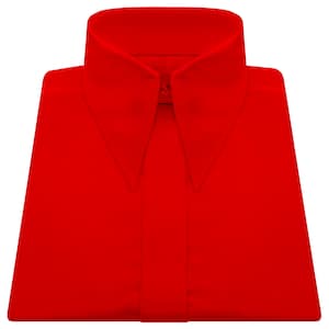 May include: A vibrant red dress shirt with a classic collar and button fastening. The shirt is neatly folded, highlighting its smooth fabric and tailored design. The bold colour and crisp lines suggest a formal or professional style.