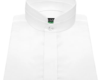 Herrskjorta med högt band och styv Nehru-krage, vit, ren bomull, dold knappslå, vintage, kinesisk mandarin, brudgumskläder, bröllopsoutfit