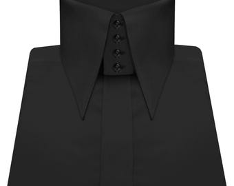 Men's Black Spear Point Collar Dress Shirt: 100% Cotton, Handmade