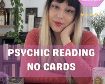 May include: A person with blonde and dark hair wearing a ribbed coral long-sleeve shirt. The image features text that reads BEST SELLER and PSYCHIC READING NO CARDS. Three tarot cards are laid out on a purple cloth with crystals and a sun mug.