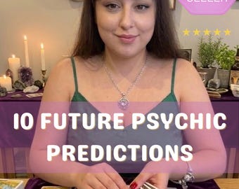 May include: A person with dark hair and a leopard print headband wearing a green camisole and a silver pendant necklace, holding a fan of tarot cards over a purple cloth. The text 10 FUTURE PSYCHIC PREDICTIONS is overlaid on the image.