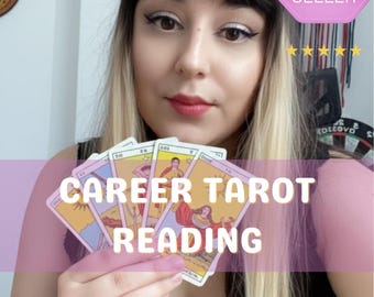 May include: A set of four tarot cards held in a hand, featuring illustrated figures and symbols on yellow and orange backgrounds. The text CAREER TAROT READING is overlaid in white, with a pink BEST SELLER badge and five yellow stars visible.