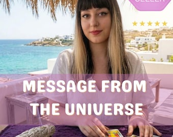 May include: A person with dark hair and blonde highlights wearing a white top, sitting at a purple cloth table with tarot cards, a sage bundle, and small stones. The text MESSAGE FROM THE UNIVERSE is overlaid in white, with a BEST SELLER badge above.