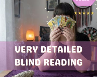May include: A set of tarot cards held in front of a face, with four additional tarot cards laid out on a purple velvet cloth. A bundle of dried sage rests on a small dish next to several small, smooth, light-colored stones. Text reads: BEST SELLER, VERY DETAILED BLIND READING.