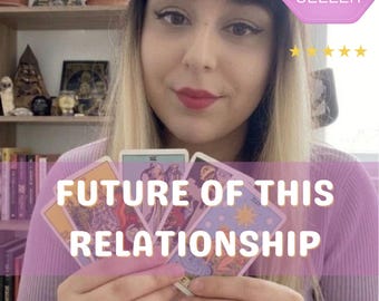 May include: A set of three tarot cards held in a fan shape, featuring colorful illustrations and symbols. The text "FUTURE OF THIS RELATIONSHIP" is overlaid in white, with a pink "BEST SELLER" badge and five yellow stars visible in the upper corner.