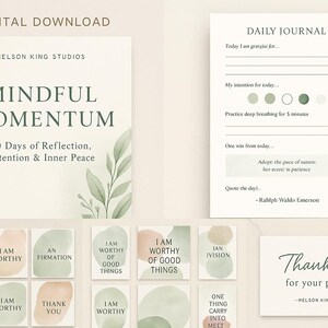 Mindful Momentum – 30-Tage Journal + Affirmationskarten | Druckbares Journal | Salbei Grün Digitaler Download