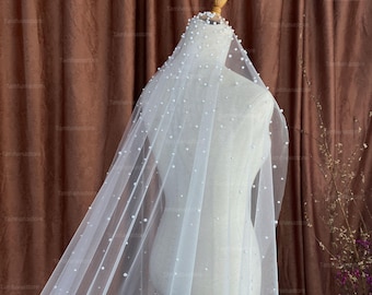 T11, Kathedralen Brautschleier mit Perlen| Perlen Perlen Brautschleier | Elfenbeinfarbener Kathedralen Brautschleier | Perlen Kopfschmuck für Hochzeit