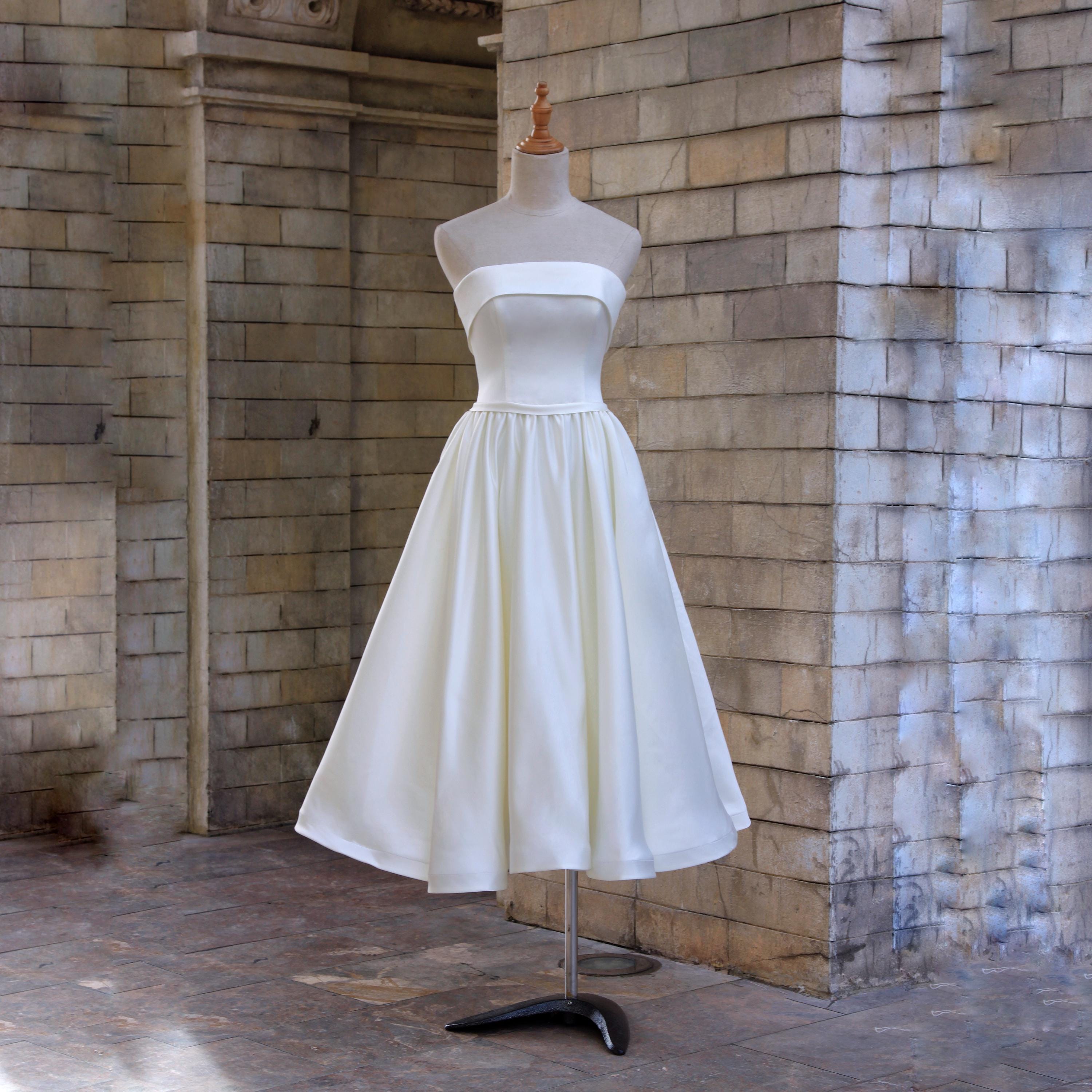 Strapless Satin Tea Length Dress