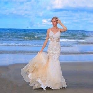fitted lace wedding dress Lace Mermaid Wedding Dress With illusion Back (#Halette) main image 1